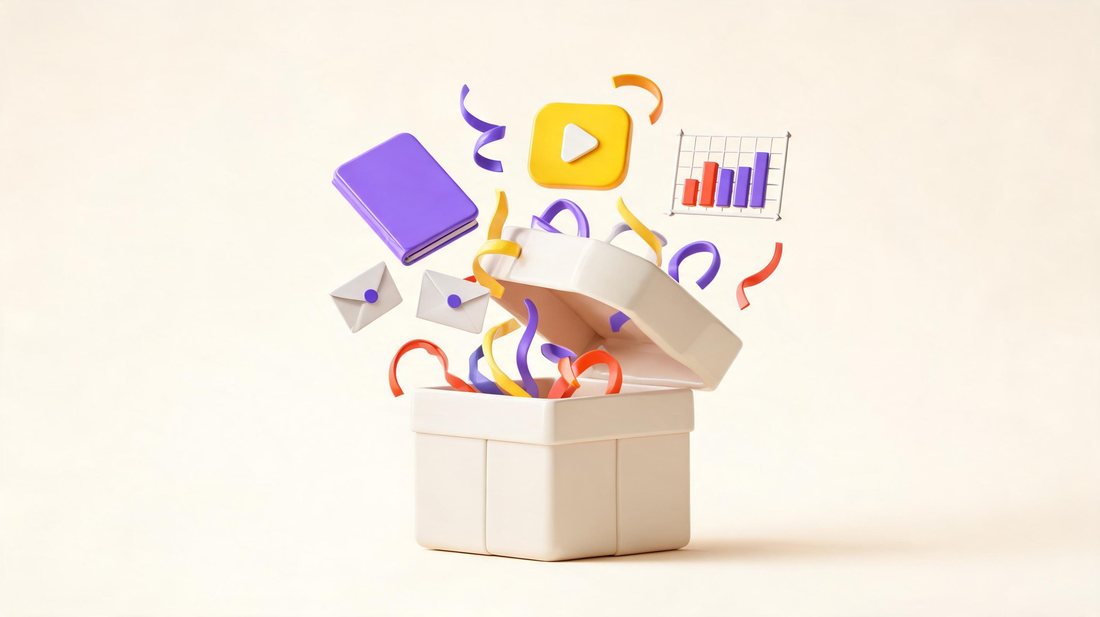 The Business in a Box — a 3D box with digital products flying out